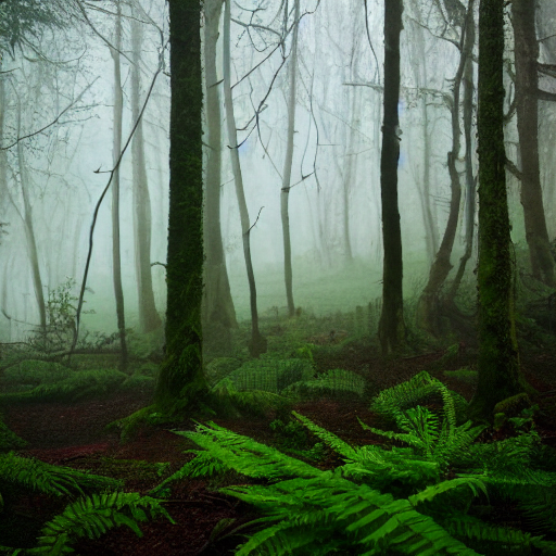 A mysterious dark wood, 4k, a lot of fern, a lot of fog, Stable Diffusion 2.1