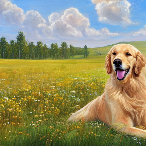 A golden retriever dog sitting in the middle of sunny meadow, oil painting