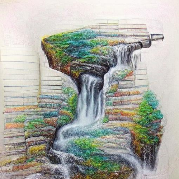 A colored pencil drawing of a waterfall, VQGAN+CLIP, April 2021 - K Crowson, S Biderman et al.