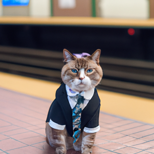 cat wearing a suit and tie, at the 24th st. bart station, DALL·E 2