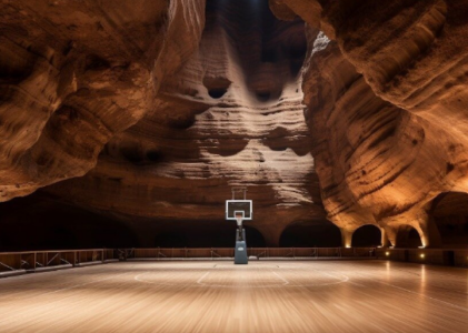 峡谷中雕刻超现实篮球场！AI生成与自然背景相呼应